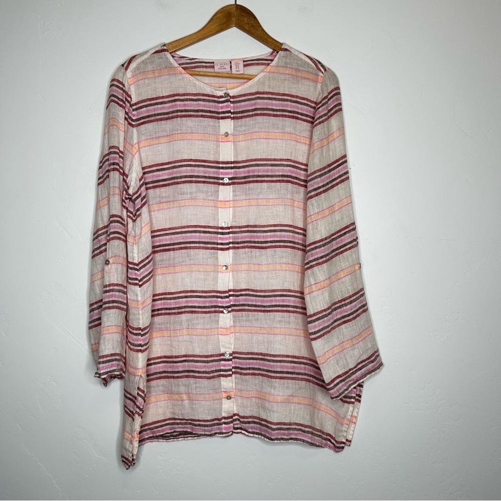 St Tropez West Linen Button-Up Tunic Blouse Top Roll Tab Sleeves XL Resortwear